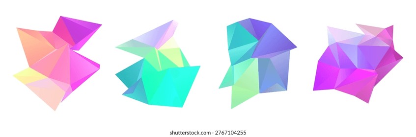Collection of Four Abstract Holographic Low Poly Geometric Crystal Shapes with Colorful Iridescent Gradient Facets on White Background for Modern Design and Decoration