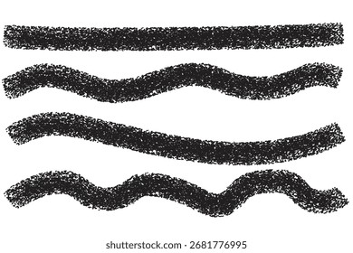 A collection of four abstract lines, two straight and two wavy, rendered with a rough, textured black crayon effect on a white background.