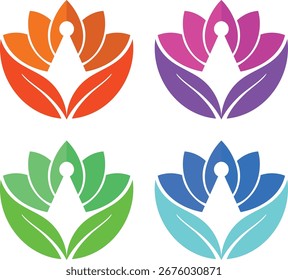 A collection of four abstract logo designs, each featuring a vibrant flower and stylized leaves. The color schemes are orange, magenta, green, and blue. These modern vector illustrations are isolated 