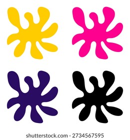 Una colección de cuatro salpicaduras de pintura abstracta en amarillo, rosa, púrpura y negro, presentado sobre un fondo blanco limpio.