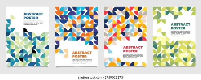 A collection of four abstract posters featuring colorful geometric patterns composed of semicircles and quadrants. Modern layouts inspired by Bauhaus and Swiss design, perfect for book covers, flyers, and branding projects.
