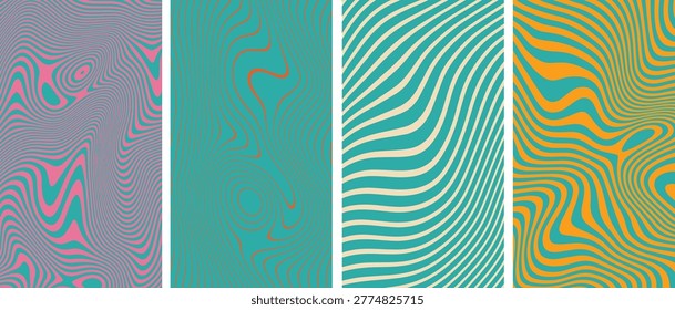 Collection of four abstract psychedelic backgrounds. Creative vector designs with distorted wavy lines, trippy marble textures, and vibrant aesthetic colors for modern posters and wallpapers