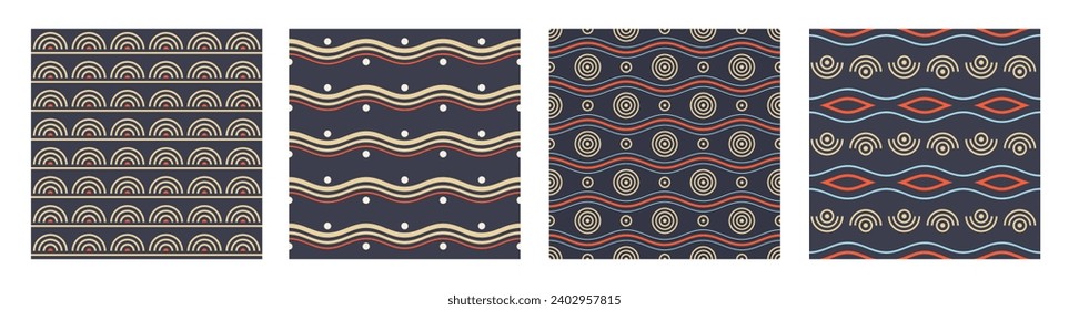 Colección de cuatro círculos semitransparentes abstractos, puntos, líneas patrones vectoriales. Ornamentos tribales sin fisuras. Patrones minimalistas sin fisuras con arcos. Fondo de color vectorial.
