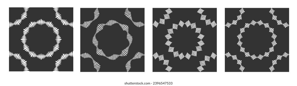 Collection of four abstract seamless vector patterns with circular geometric ornaments, striped frames. Decorative patterns. White shapes, isolated on black backgrounds.