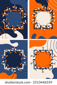 collection of four abstract set against vibrant backgrounds of orange blue and cream