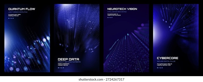 Collection of four abstract tech digital vector poster design, illustrating quantum computing, deep data, neurotech vision, and cybercore concepts.