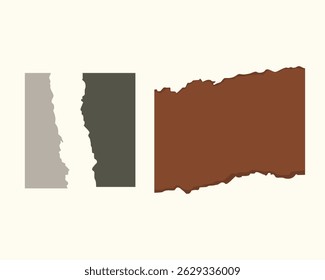Una colección de cuatro piezas de papel rasgadas abstractas en gris claro, gris oscuro y marrón, mostradas sobre un fondo crema. Cada uno tiene bordes rasgados únicos, añadiendo un texturizado, scrapbooking, o proyectos creativos.