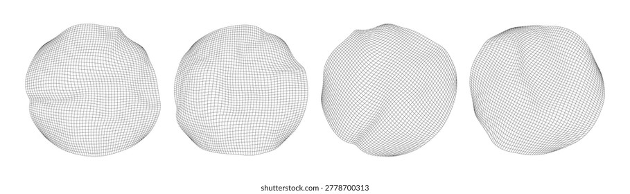 Collection of four abstract wireframe mesh sphere shapes with distorted organic surface grid lines isolated on white background for modern technology and science design