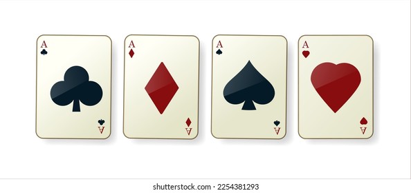 Collection of four aces playing cards suits. Winning poker game. Set of hearts, spades, clubs and diamonds ace. Template for casino, web design. 