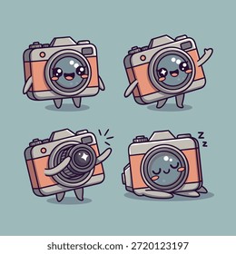 A collection of four adorable, anthropomorphic camera characters in various poses and expressions, rendered in a charming kawaii style.