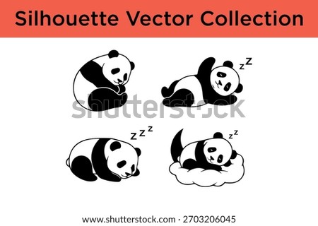 A collection of four adorable black and white panda bear silhouettes in various sleeping poses, with "zzz" symbols indicating sleep.