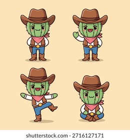 Una colección de cuatro adorables personajes de cactus vestidos de vaqueros, cada uno en una pose diferente, con un fondo marrón claro.