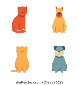 Collection of four adorable cartoon animals, including cats and dogs, in a minimalistic style