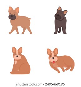 Collection of four adorable cartoon dogs, showcasing different colors and postures