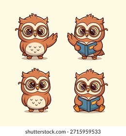 A collection of four adorable cartoon owls, each with large glasses, some reading books and one waving hello.