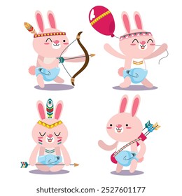 Colección de cuatro adorables conejos de dibujos animados con diferentes accesorios y poses, perfectos para Pascua o temáticas infantiles.