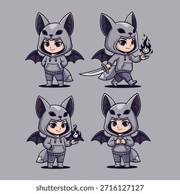 Eine Kollektion von vier bezaubernden Chibi-Fledermausfiguren in verschiedenen Posen, die Kapuzenoutfits mit Fledermausflügeln tragen.