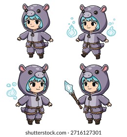 Uma coleção de quatro adoráveis personagens de chibi, cada um usando um encantador capuz com tema de hipopótamo, apresentando vários elementos mágicos e poses.