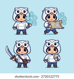 Uma coleção de quatro adoráveis personagens em estilo chibi vestidos com capuzes de coruja, cada um com itens de fantasia únicos como mapas, espadas e símbolos mágicos.