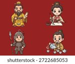 A collection of four adorable chibi-style illustrations depicting historical Chinese figures engaged in various activities, set against a plain red background.
