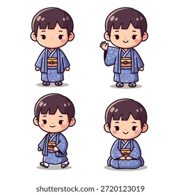A collection of four adorable chibi-style illustrations of a young Japanese boy wearing a traditional blue kimono with a yellow obi.