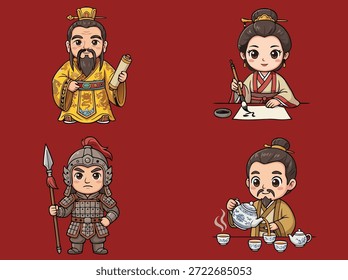 Uma coleção de quatro ilustrações adoráveis em estilo chibi representando figuras históricas chinesas envolvidas em várias atividades, colocadas contra um fundo vermelho claro.