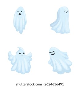 Coleção de quatro ilustrações fantasmas adoráveis, cada uma com uma expressão única