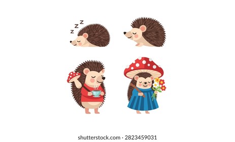 A collection of four adorable hedgehog illustrations in various poses. One hedgehog is sleeping peacefully, another is smiling, a third wears a red sweater and holds a hot beverage, and the fourth wears a blue dress and a mushroom hat while holding flowers. The style is whimsical and friendly, perfect for children's content or autumn-themed designs.