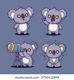 Uma coleção de quatro adoráveis ilustrações de coala, com expressões de surpresa, acenando, usando um telescópio e sentando com estrelas cintilantes.