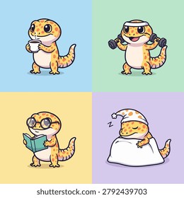 A collection of four adorable leopard gecko illustrations depicting different activities: drinking coffee, exercising with dumbbells, reading a book, and sleeping.