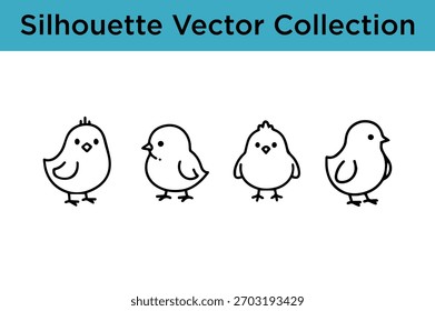 Una colección de cuatro adorables, simples siluetas de pollito de dibujos animados en blanco y negro.