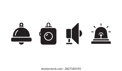 Collection of four alarm and notification icons including bell, camera, loudspeaker, and siren, representing security alerts and communication signals.