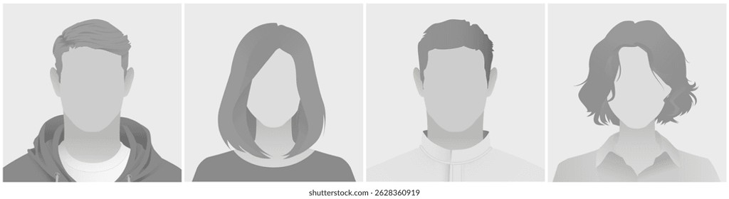 Coleção de quatro fotos de avatar de silhueta cinza anônimas padrão marcador para mídias sociais ou perfis. Expressões neutras com penteados distintos destacando a individualidade no fundo cinza