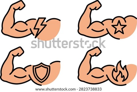 A collection of four arm muscle icons featuring symbols for lightning power star quality shield protection and fire intensity for fitness and health concepts