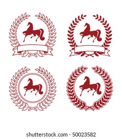 Collection of four arms. Coat of Arms consists of a wreath and the silhouette of a horse. They are located on a white background.