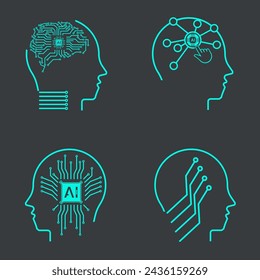 Collection of FOUR Artificial intelligence icons. Set in line style, machine learning, smart robotic head and cloud computing network digital AI technology