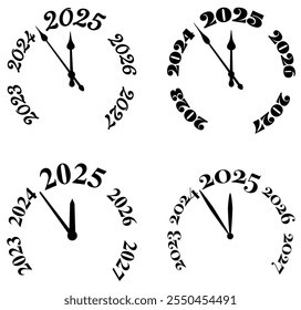 Eine Sammlung von vier künstlerischen Schwarz-Weiß-Uhrendesigns mit dem Countdown bis 2025. Ideal für festliche Projekte, Plakate und Neujahrsfeiern.