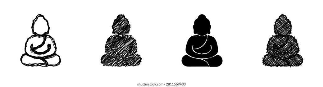 A collection of four artistic interpretations of a seated Buddha, ranging from a simple line drawing to a solid silhouette and textured sketches