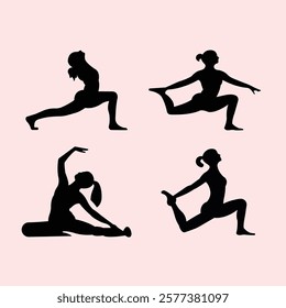  collection of four artistic silhouettes depicting women performing various yoga poses, designed against a soft pink background. Perfect for promoting health, wellness, fitness, yoga classes, 