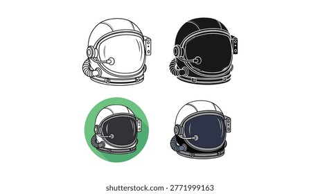 Collection of four astronaut helmets in different styles: a simple sketch, a solid black design, a circular icon, and a detailed perspective view. Perfect for science, space exploration, or futuristic concepts.