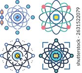 Collection of four atom representations with orbits and central elements in various colors