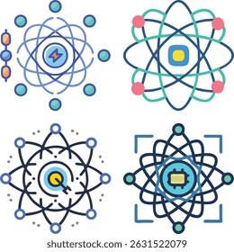 Collection of four atom representations with orbits and central elements in various colors