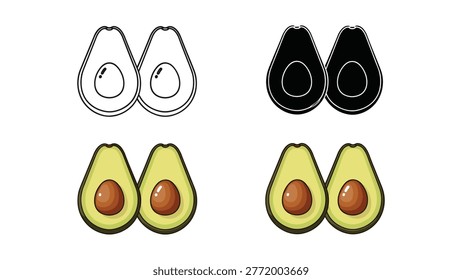 Collection of four avocado graphic representations: outline, solid black, and two colorful flat designs. Ideal for health food concepts, recipes, and dietary content.