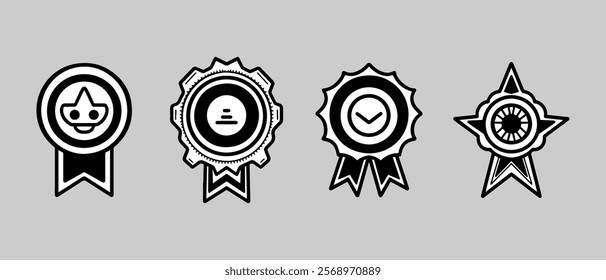 Collection of four award badges with distinct designs on a light gray background