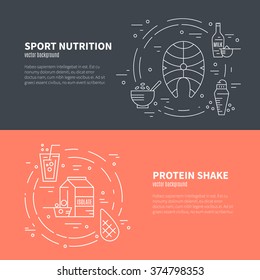 Collection of four banners with sport nutrition. Diet design element. Healthy food and sport nutrition symbols made in line style vector.