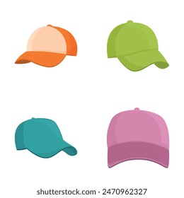 Collection of four baseball caps in different colors isolated on a white background