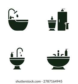 Collection of four bathroom icons featuring a bathtub sink and toiletries for cleaning and hygiene