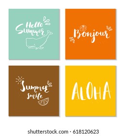 Collection of four beautiful summer poster with hand drawn lettering. Template for sail, tropical vacation, banner, invitation, envelope, background, journal cards. 