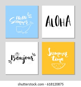 Collection of four beautiful summer poster with hand drawn lettering. Template for sail, tropical vacation, banner, invitation, envelope, background, journal cards. 