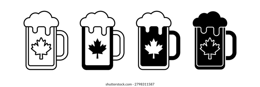 A collection of four beer mugs featuring Canadian maple leaf symbols, showcasing different styles and colors on a plain background.